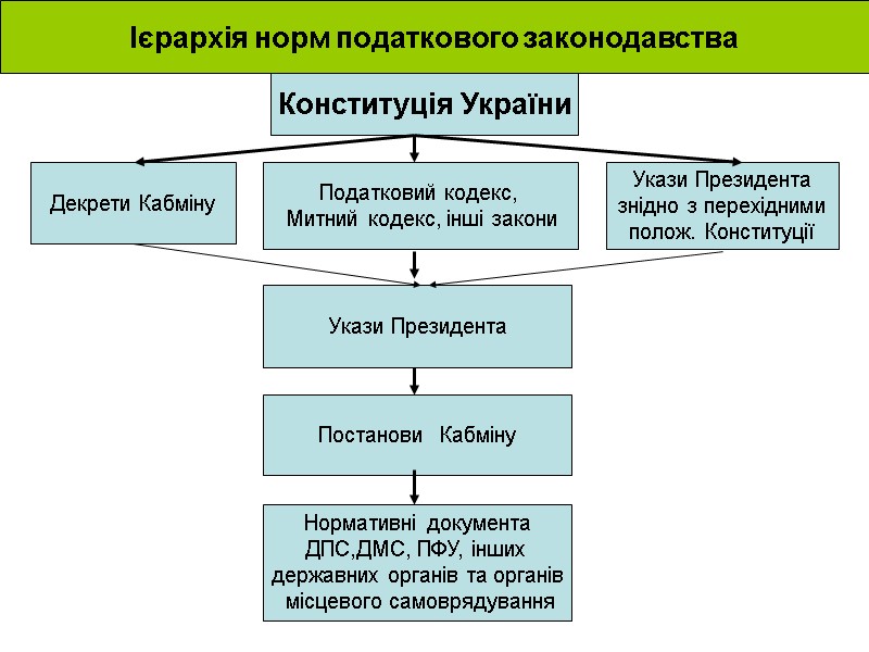 Ієрархія норм податкового законодавства Конституція України Податковий кодекс,  Митний кодекс, інші закони Укази